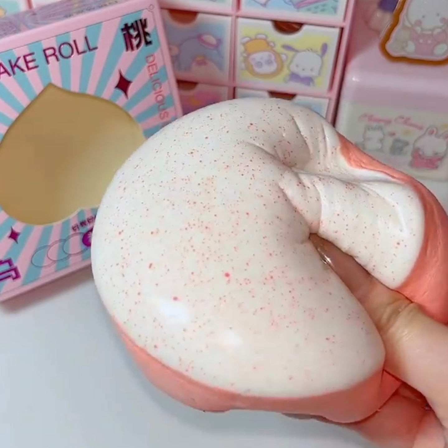 White peach cake roll & Oreo chocolate cake basque sticky slow rising squishy toy - Charming Cheese