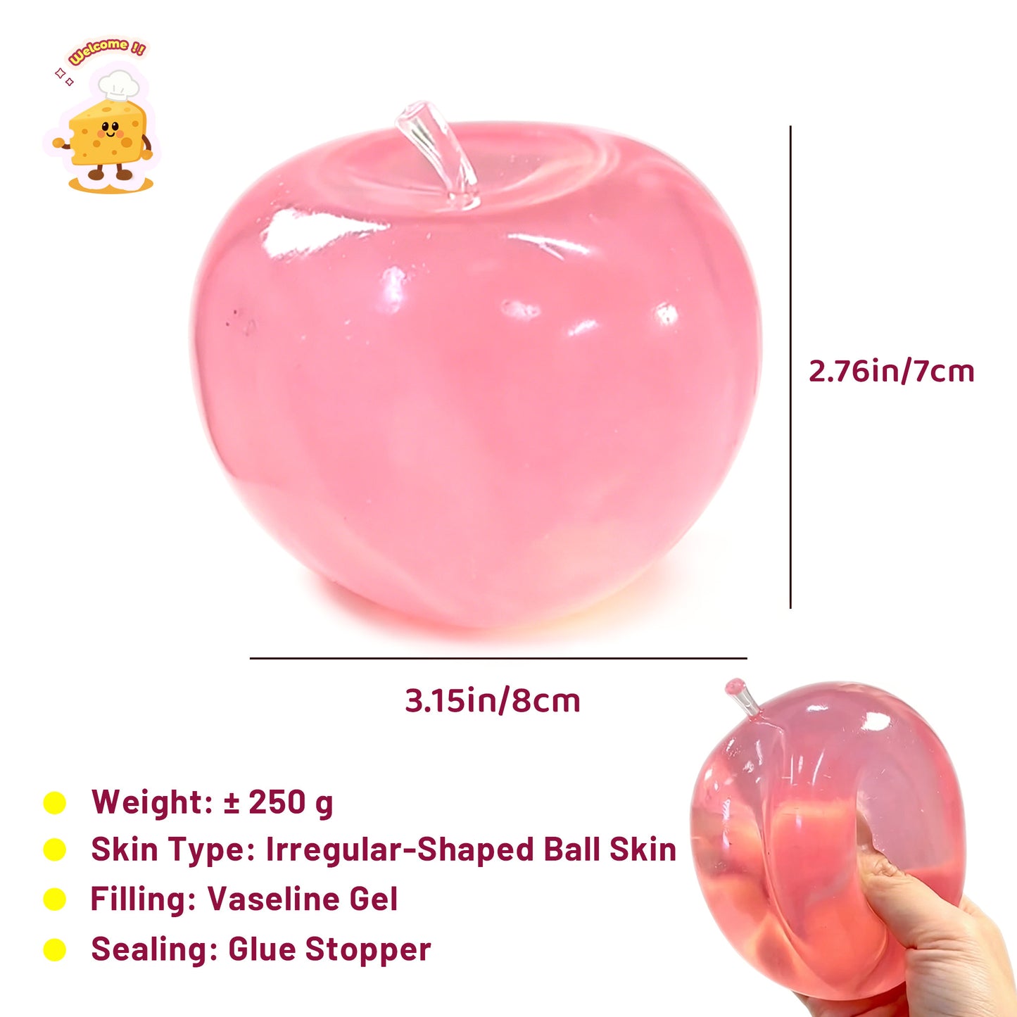 Formable Crystal Pink /Blue /Red Creamy Texture Big Apple 🍎 Vaseline Stress Ball - Charming Cheese