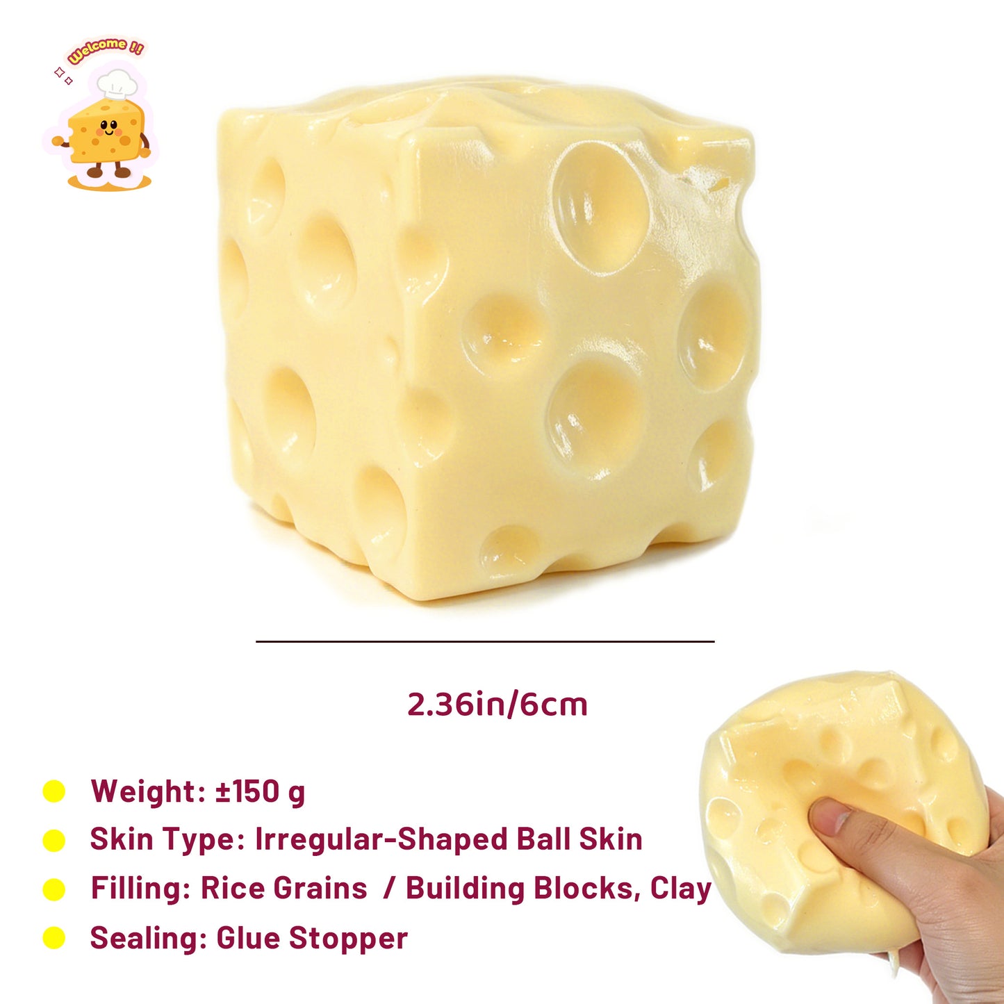Crunchy Savory Yellow Cheese Cube Stress Ball Fidget Toy - Charming Cheese