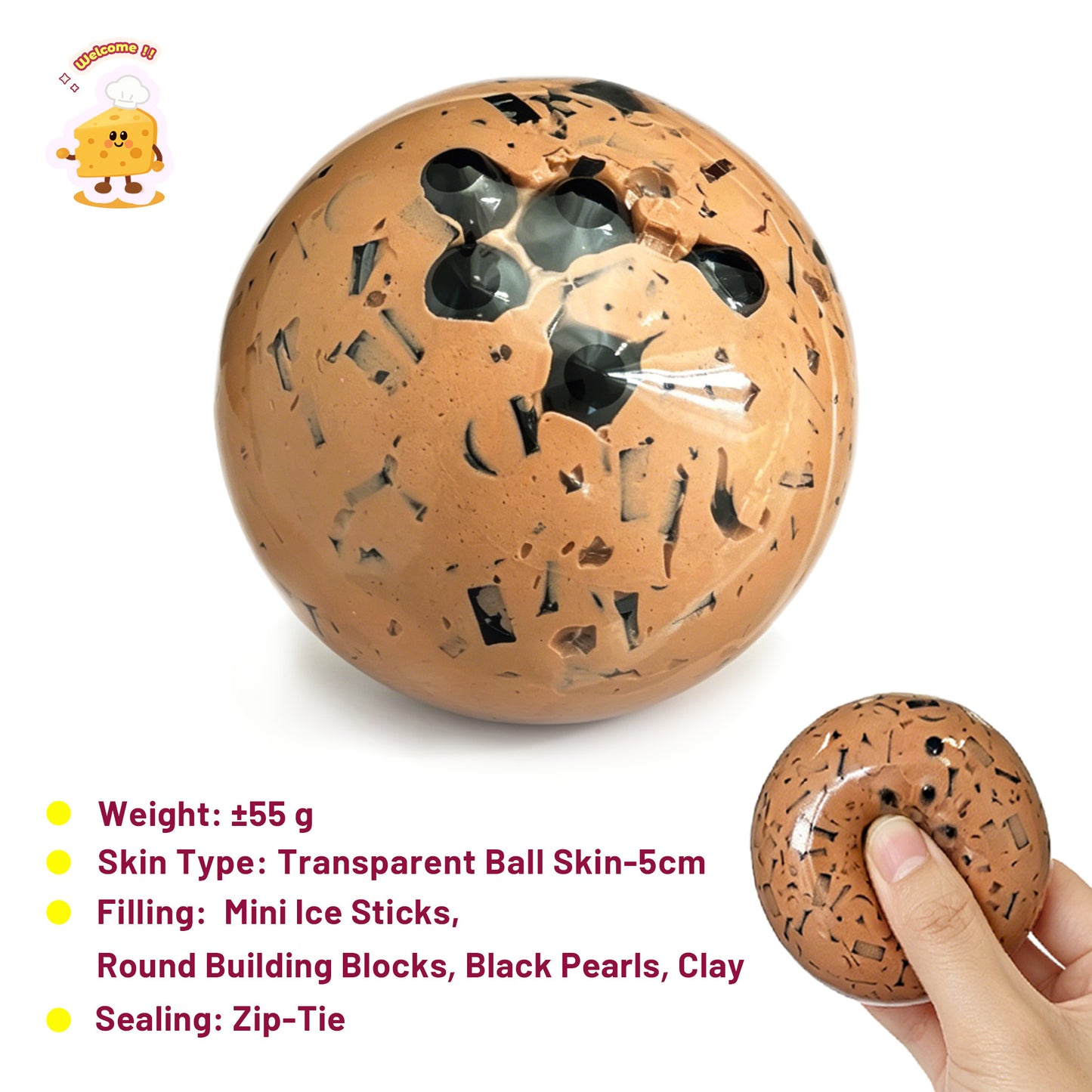 Crunchy Bubble Tea Stress Ball Zip-tie Fidget Toy (5cm ball skin) - Charming Cheese