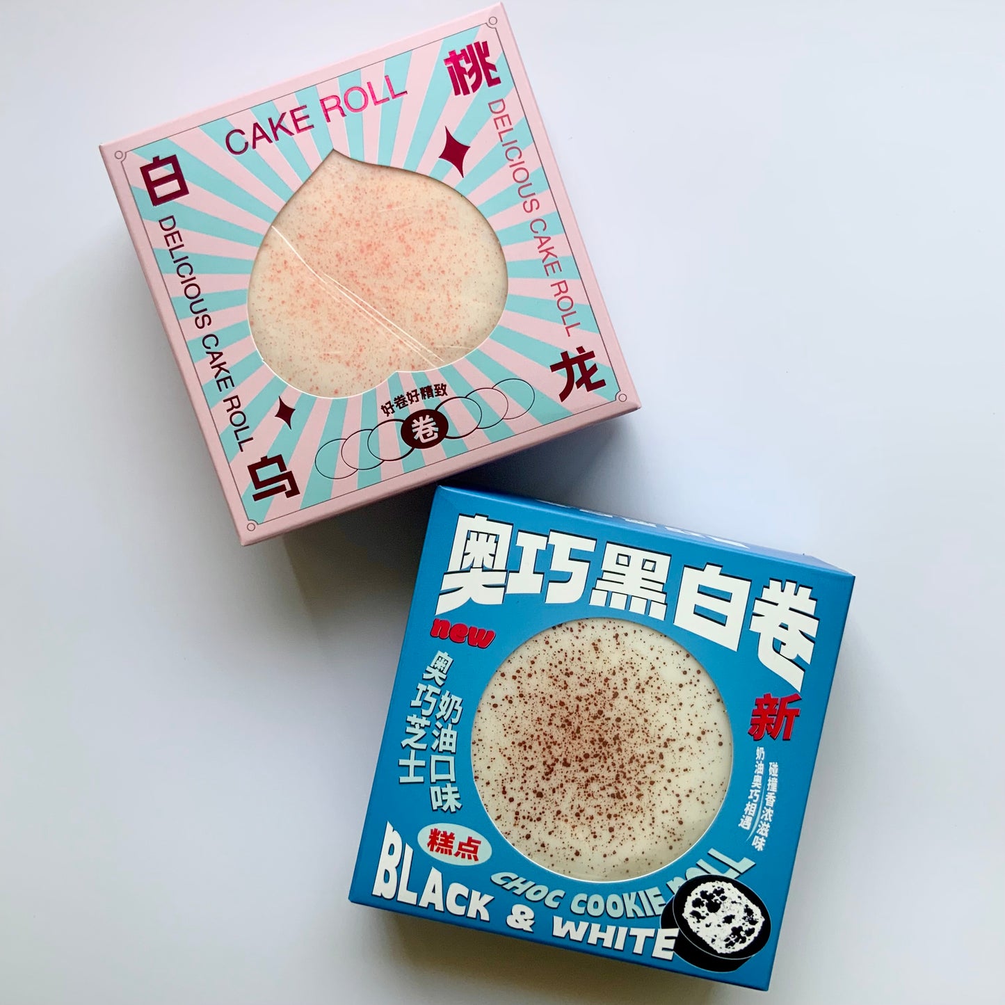 White peach cake roll & Oreo chocolate cake basque sticky slow rising squishy toy - Charming Cheese