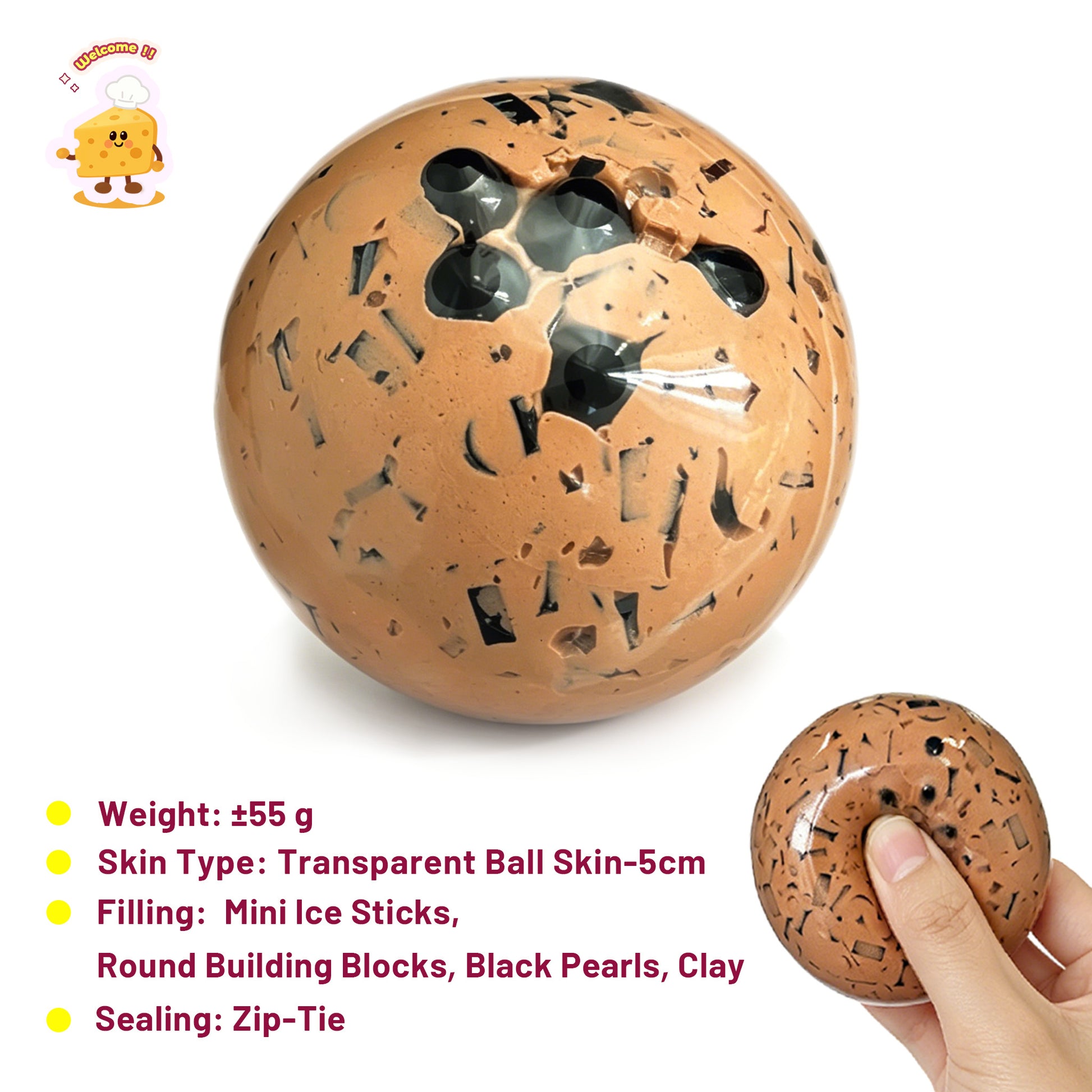 Crunchy Bubble Tea Stress Ball Zip-tie Fidget Toy (5cm ball skin) - Charming Cheese