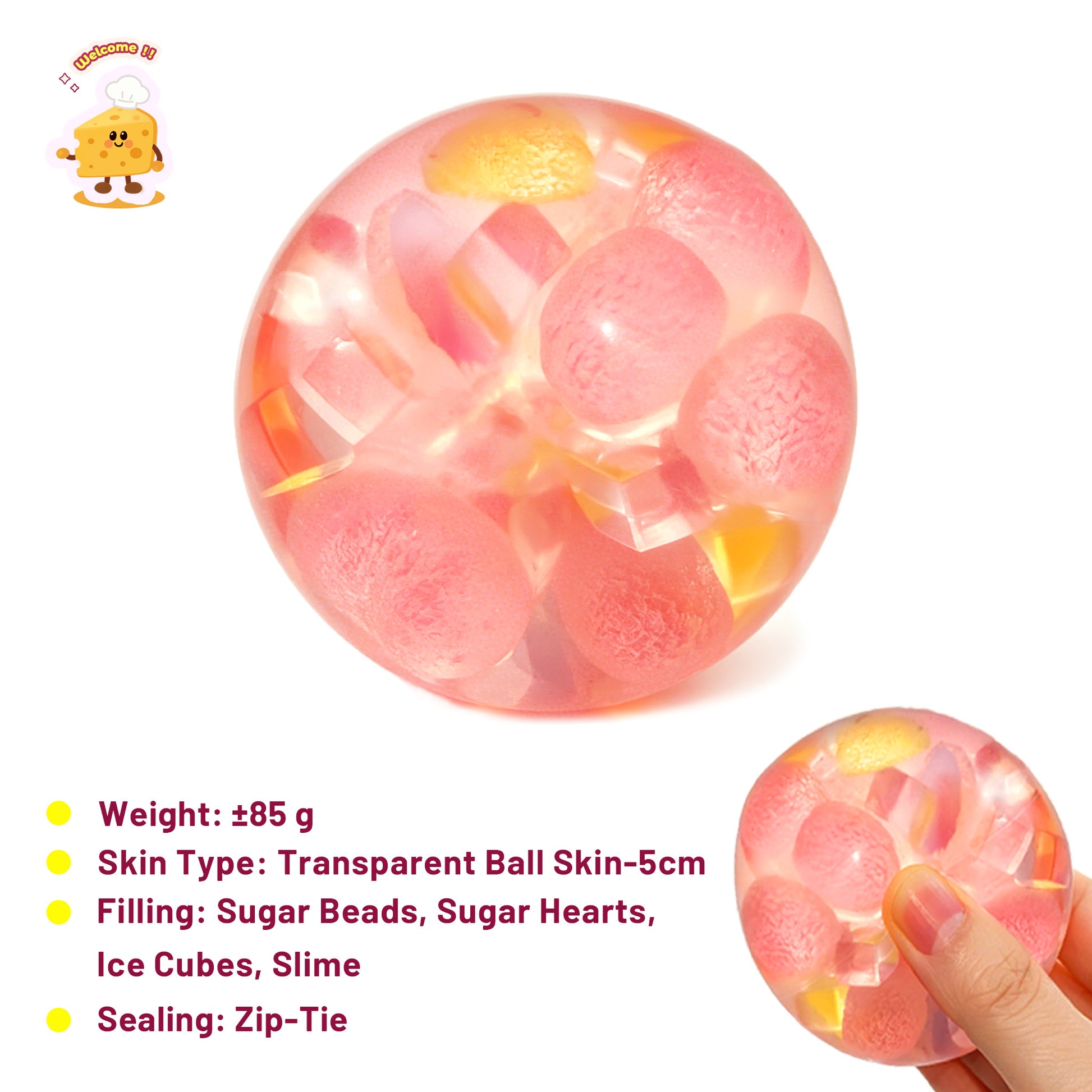 Gel-like Texture Sweet Heart Stress Ball Zip-tie Toy Fidget (5cm ball skin) - Charming Cheese