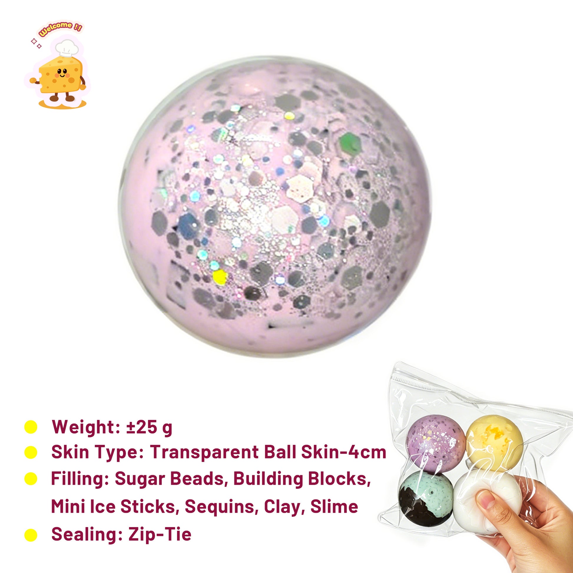 Cute Mini Random Selection of Multiple Styles Stress Ball Fidget Toy (4cm) - Charming Cheese